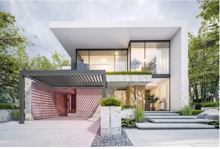 Fachada moderna → Pérgola o toldo — render de la IA